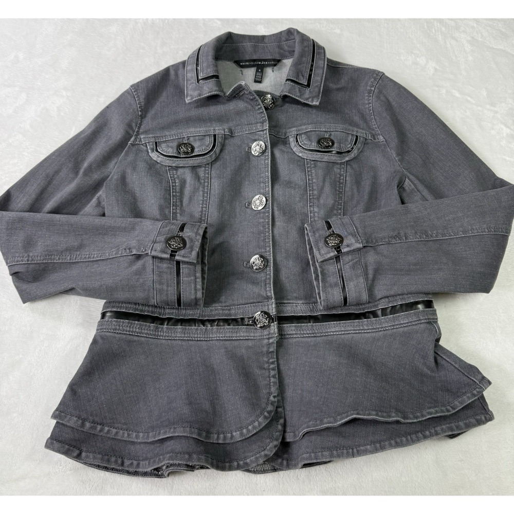 White House Black Market Jean‎ Jacket Womens 6 Gray Crest Buttons Peplum Boho